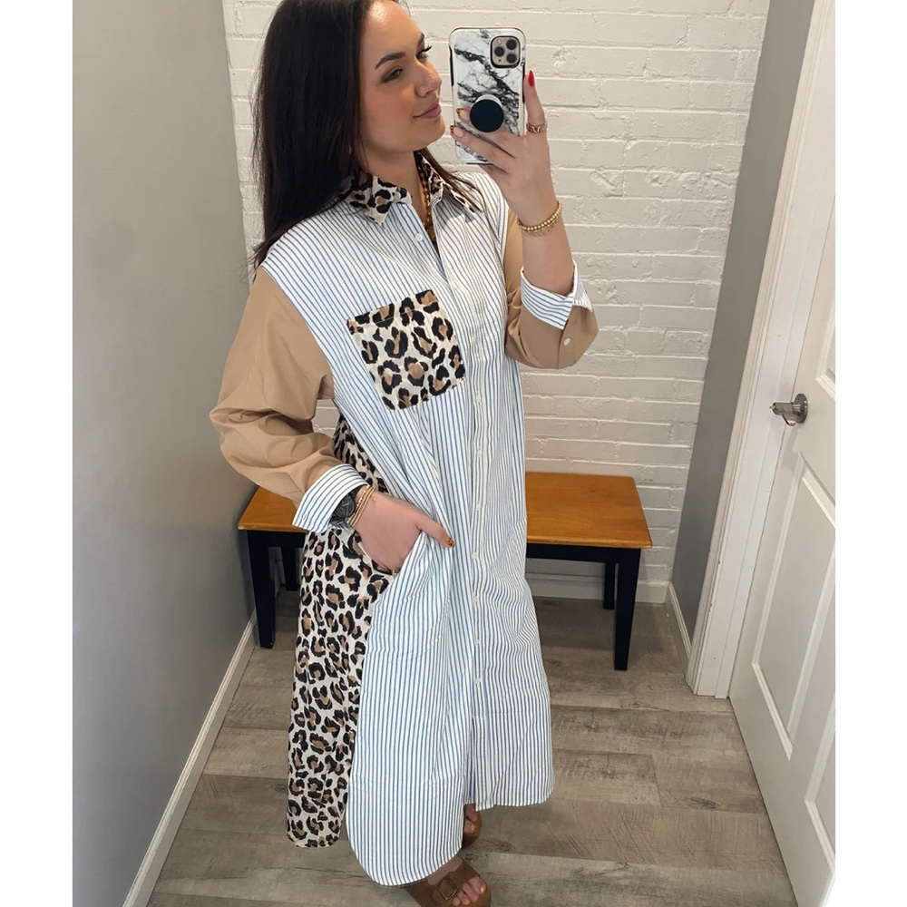 💗 Vici- BLUE and Tan Maxi Dress with Leopard Details (BLUE & WHITE STRIPES)